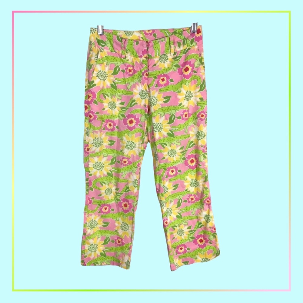 🌸🐊 Lilly Pulitzer Croc Monsieur Alligator Capris Crop Vintage Pants  0